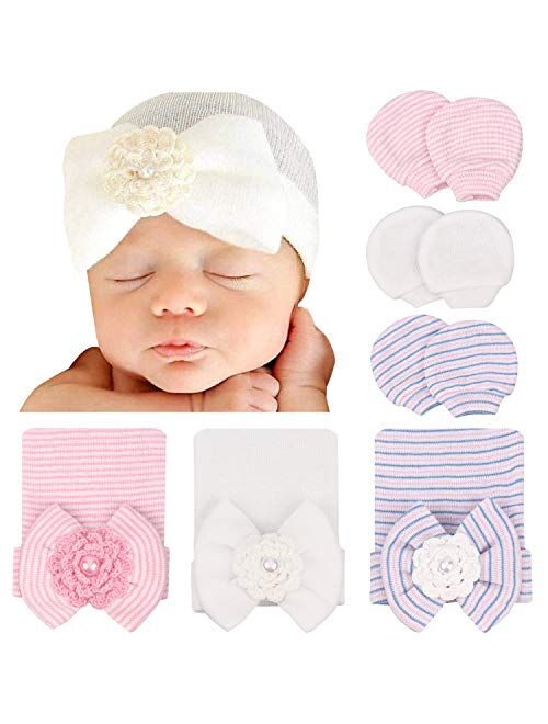 DRESHOW BQUBO 3/4 Pack Newborn Hospital Hat Infant Baby Hat Cap with Big Bow Soft Cute Knot Nursery Beanie