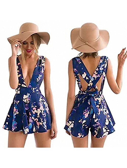 Floral Rompers for Women Sleeveless Deep V Neck Shorts Romper Jumpsuit