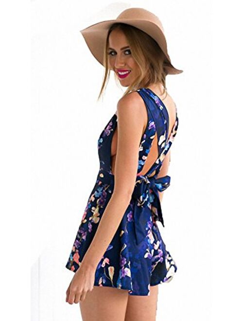 Floral Rompers for Women Sleeveless Deep V Neck Shorts Romper Jumpsuit