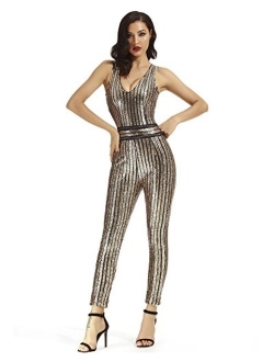 Whoinshop Women's Sexy Deep V Neck Jumpsuit Stretch Bodycon Party Romper Pants