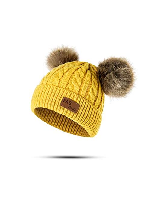 Infant Toddler Woolen Hat Pure Color Winter Twist Double Pom Pom Knitted Beanies Cap 0-3Y