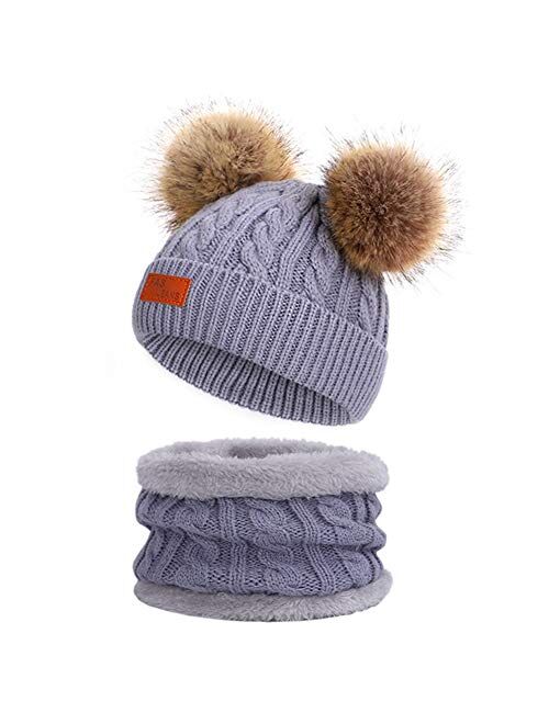 Infant Toddler Woolen Hat Pure Color Winter Twist Double Pom Pom Knitted Beanies Cap 0-3Y