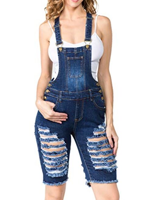 TwiinSisters Women's Front and Back Ripped Slim Curvy Cotton Denim Pants Short Bermuda Overalls Shortalls for Women