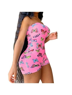 Luckinbaby Women's Bodysuit Sexy Strapless Printed Bodycon Romper Shorts Jumpsuit One Piece Outfit Clubwear