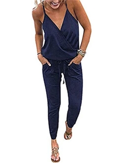 QUEENIE VISCONTI Women Summer Rompers - Casual Long Skinny Jumpsuits Vacation Beach Drawstring Pants Playsuit