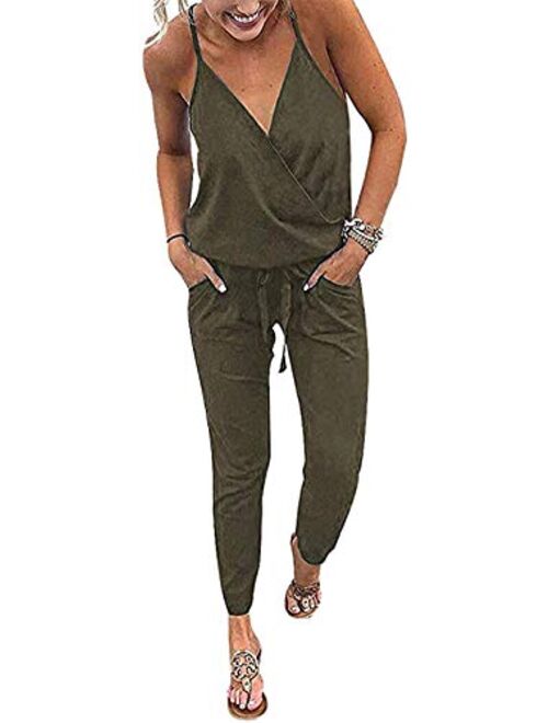 QUEENIE VISCONTI Women Summer Rompers - Casual Long Skinny Jumpsuits Vacation Beach Drawstring Pants Playsuit