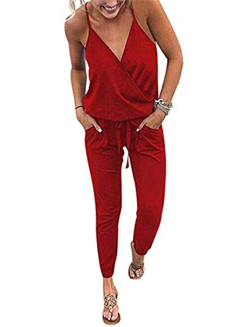 QUEENIE VISCONTI Women Summer Rompers - Casual Long Skinny Jumpsuits Vacation Beach Drawstring Pants Playsuit