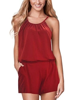 Jusfitsu Women Romper Summer Jumpsuit Cotton Pocket Short Romper Strappy Sleeveless Loose Playsuit Elastic Band Outfit