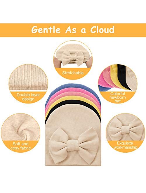 Geyoga 6 Pieces Newborn Baby Unisex Soft Beanie Hat with Cute Bow for 0-6 Months Baby