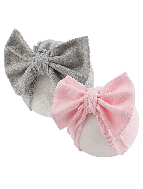 Pesaat 2 Pack Autumn Newborn Hospital Hat Baby Girl Bow Beanie Spring Cotton Baby Hats for Infant Girls 0-6M