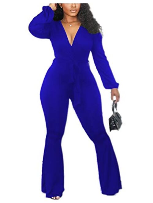 Womens Sexy Wrap V Neck Jumpsuits One Piece Outfits High Waist Bell Pants Suits Long Jumper with Belt