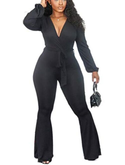 Womens Sexy Wrap V Neck Jumpsuits One Piece Outfits High Waist Bell Pants Suits Long Jumper with Belt