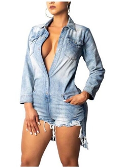 ECDAHICC Women’s Sexy Short Sleeve Night Club Denim Jumpsuits Rompers Mini Shorts One Piece Stretchy Rompers with Pocket