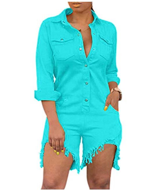 ECDAHICC Women’s Sexy Short Sleeve Night Club Denim Jumpsuits Rompers Mini Shorts One Piece Stretchy Rompers with Pocket