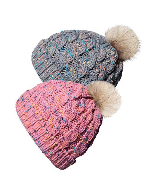 Amandir Kids Toddler Winter Hats Fleece Lined Knit Girls Baby Beanie Confetti Warm Pom Pom Hat Cap