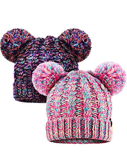 SATINIOR 2 Pieces Knitted Kids Winter Hat with Pompom Ears Toddler Boy Girl Beanie Cap