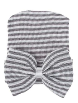 Song Qing Bowknot Stripe Newborn Baby Girls Infant Toddler Hospital Beanie Hat Cap