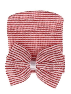 Song Qing Bowknot Stripe Newborn Baby Girls Infant Toddler Hospital Beanie Hat Cap