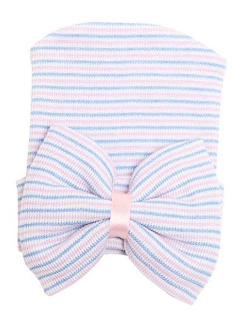 Song Qing Bowknot Stripe Newborn Baby Girls Infant Toddler Hospital Beanie Hat Cap