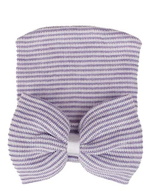 Song Qing Bowknot Stripe Newborn Baby Girls Infant Toddler Hospital Beanie Hat Cap