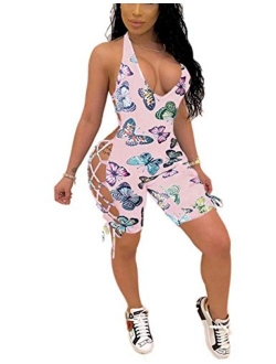 Women's Summer Casual Romper - Tie Dye Print Lace Up Backless Bodycon Short Jumpsuits Romper