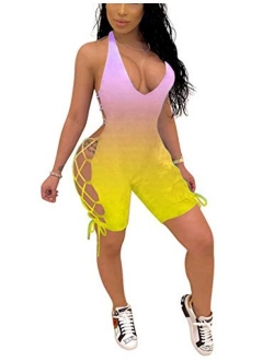 Women's Summer Casual Romper - Tie Dye Print Lace Up Backless Bodycon Short Jumpsuits Romper