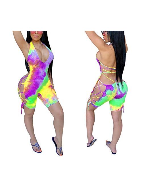 Women's Summer Casual Romper - Tie Dye Print Lace Up Backless Bodycon Short Jumpsuits Romper