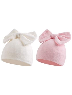 Cotton Newborn Hospital Hat Baby Girl Bow Turban Hats Soft Infant Girls Beanies 2-Pack