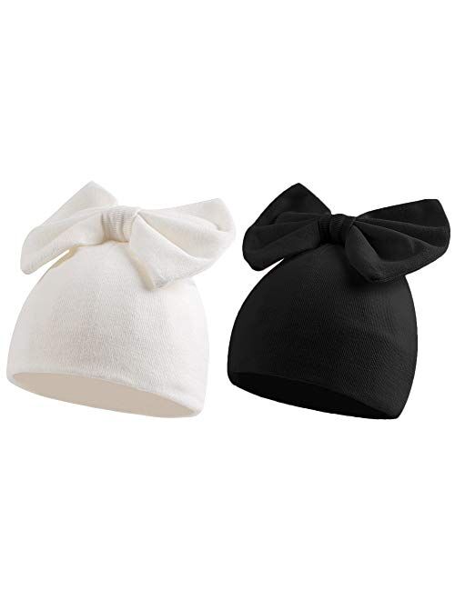 Cotton Newborn Hospital Hat Baby Girl Bow Turban Hats Soft Infant Girls Beanies 2-Pack