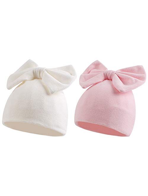 Cotton Newborn Hospital Hat Baby Girl Bow Turban Hats Soft Infant Girls Beanies 2-Pack