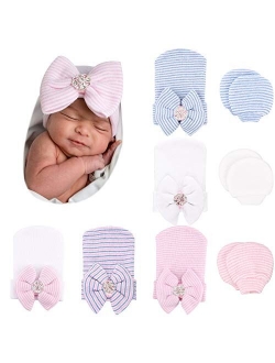 BQUBO Newborn Baby Caps Mittens for Baby Girls Set Hospital Hat Beanie Infant Hats with bow Baby Scratch Mitten Gloves