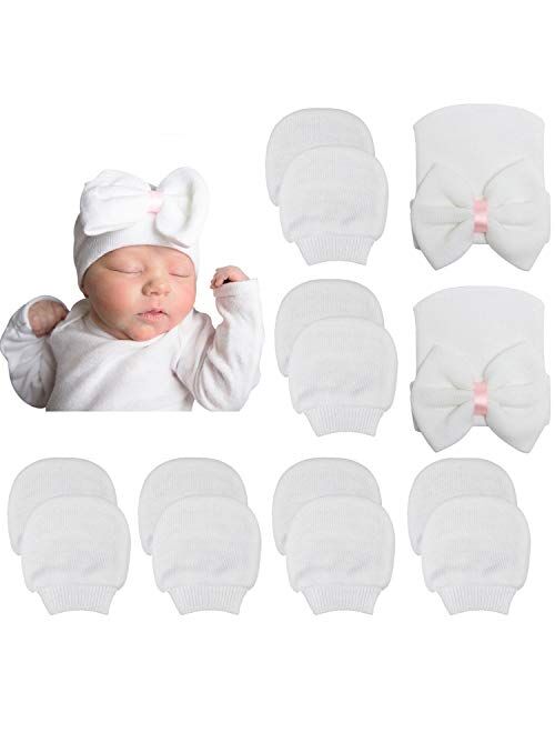 BQUBO Newborn Baby Caps Mittens for Baby Girls Set Hospital Hat Beanie Infant Hats with bow Baby Scratch Mitten Gloves