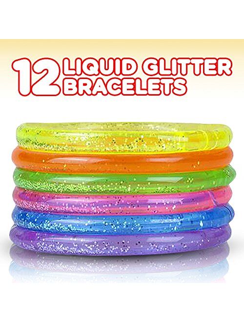 ArtCreativity Liquid Glitter Bracelets - Pack of 12 - 6 Inch Pieces - Assorted Bright Neon Colors - Fashionably Fun Party Favor and Collection - Amazing Gift Idea for Wom