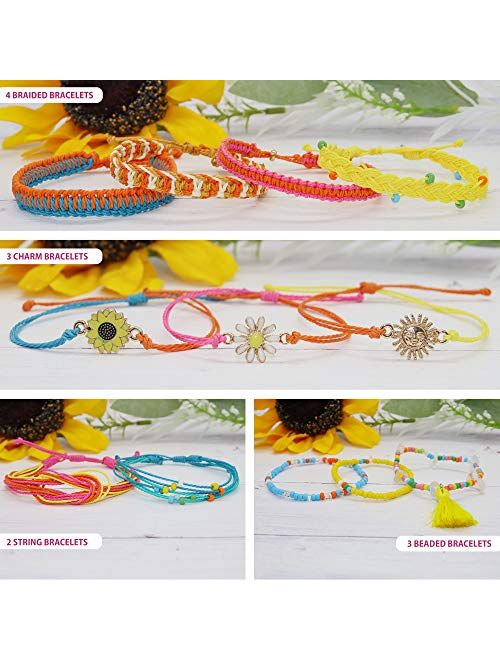 FROG SAC 12 VSCO Bracelets for Teen Girls, Friendship Bracelet Set for Kids, Boho Flower Sunflower Sun Charm Bracelet Pack for Women, Beaded Adjustable Braided String Jew