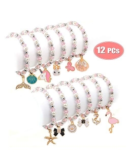 Bracelets for Teen Girls Pearl Pink Beaded Unicorn Animals Pendant Toddler Bracelets Crystal Party Favor Costume Kids Jewelry Princess Pretend Play Bracelets for Girls