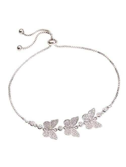 YOMEGO 3D Butterflies Bracelet Adjustable Chain Bangle with Real Gold Plating in Rose Gold and White Gold, Great Idea of Gift for Teen Girls and Women