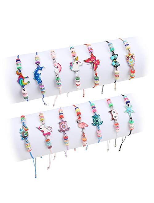 LovesTown 14 Pcs Children Bracelets, Adjustable Kids Friendship Bracelets Jewelry Animal Pendant Woven Bracelets for Prize Pretend Play Party Favors for Girls Kids