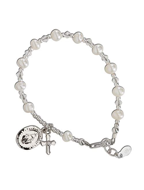 Children's Sterling Silver Communion Rosary Bracelet with Cultured Pearl and Crystal (6-6.5")