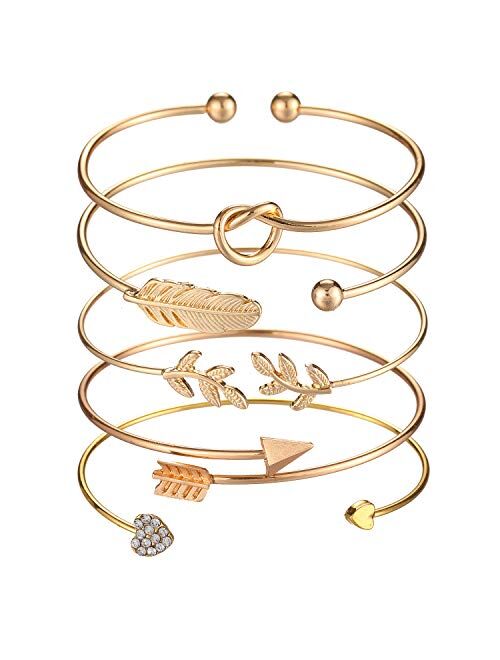 Softones 5pcs Bangle Rose Gold Bracelets for Women Girls Heart|Olive Leaf|Arrow|Feather|Knot Heart Open Cuff Bracelet Set Adjustable