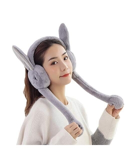 Women's Winter Plush Earwarmer Bunny Earmuffs with Moving Jumping Rabbit Ears Windproof Airbag Ear Bag