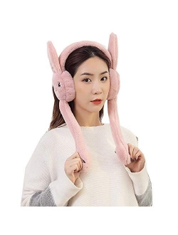 Women's Winter Plush Earwarmer Bunny Earmuffs with Moving Jumping Rabbit Ears Windproof Airbag Ear Bag