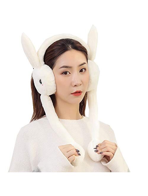 Women's Winter Plush Earwarmer Bunny Earmuffs with Moving Jumping Rabbit Ears Windproof Airbag Ear Bag