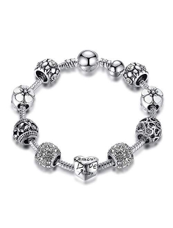 YOUFENG - Pulsera de cuentas de amor para niñas y mujeres con cuentas de cristal de Murano y flores de rosa