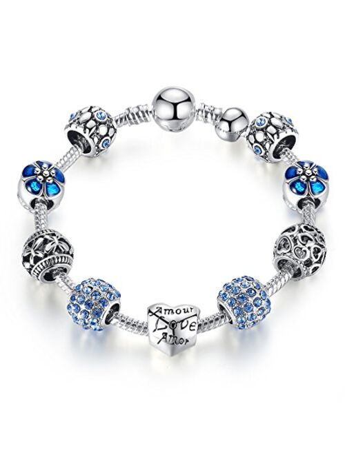 YOUFENG - Pulsera de cuentas de amor para niñas y mujeres con cuentas de cristal de Murano y flores de rosa