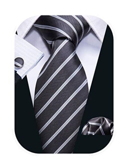 Barry.Wang Stripe Men Ties Set Classic WOVEN Necktie with Handkerchief Cufflinks Formal