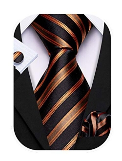 Barry.Wang Stripe Men Ties Set Classic WOVEN Necktie with Handkerchief Cufflinks Formal