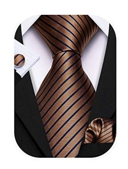 Barry.Wang Stripe Men Ties Set Classic WOVEN Necktie with Handkerchief Cufflinks Formal