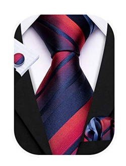 Barry.Wang Stripe Men Ties Set Classic WOVEN Necktie with Handkerchief Cufflinks Formal