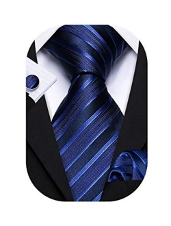 Barry.Wang Stripe Men Ties Set Classic WOVEN Necktie with Handkerchief Cufflinks Formal