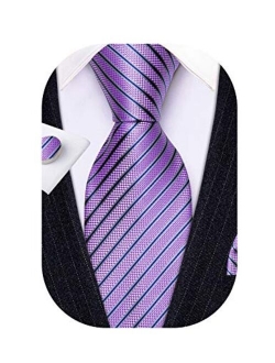 Barry.Wang Stripe Men Ties Set Classic WOVEN Necktie with Handkerchief Cufflinks Formal